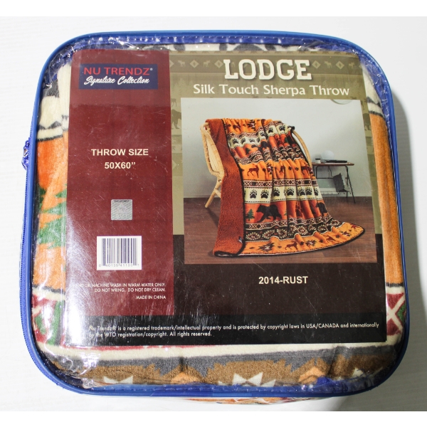 NEW NU TRENDZ LODGE SHERPA THROW BLANKET - RUST