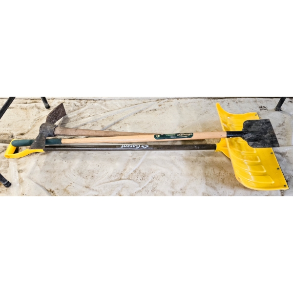 LIGHTLY USED SNOW SHOVEL, ICE CHISEL & PICK AXE