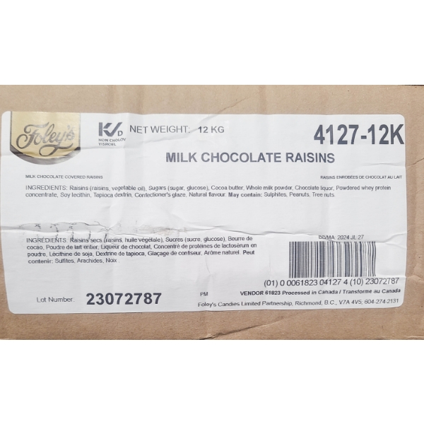 12 KG FOLEYS MILK CHOCOLATE RAISINS BULK