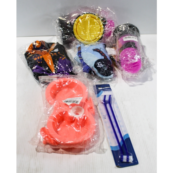 NEW DOG WATER BOTTLES, DISH, COSTUMES & TOOTH BRUSH