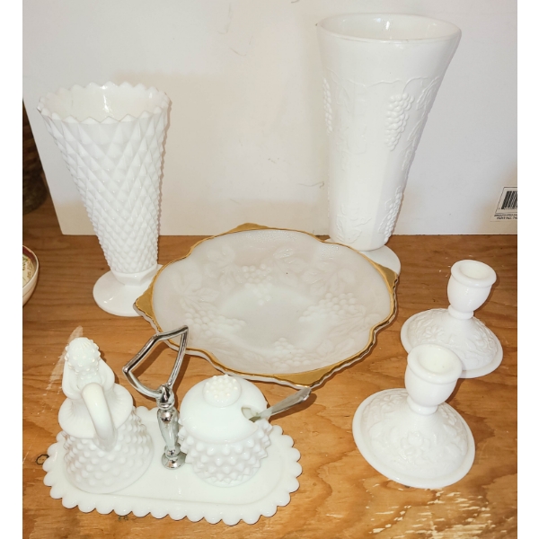 VINTAGE MILK GLASS HOBNAIL & GRAPE DISHES