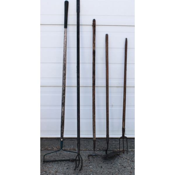 5 ASST. LAWN TOOLS - RAKES & HOES