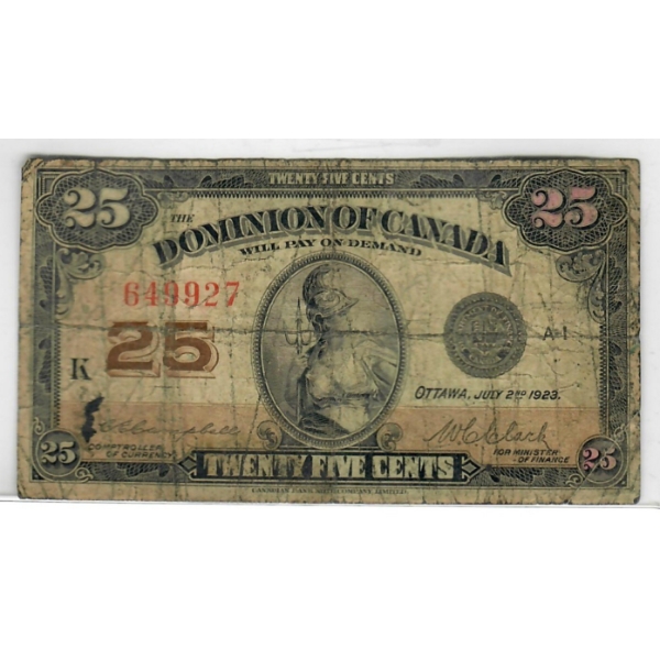 1923 DOMINION OF CANADA 25C SHINPLASTER BANKNOTE