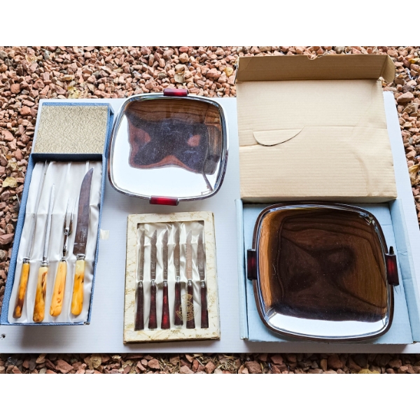 G&H CUTLERY STEAK KNIVES, CARVING SET & 2 SERVING TRAYS