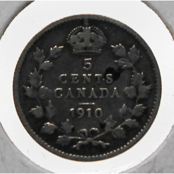 1910 CANADIAN SILVER 5 CENT COIN
