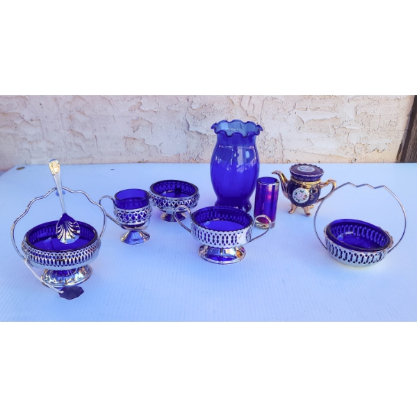 VINTAGE BLUE GLASS SUGAR BOWL CREAMER CONDIMENT DISH ETC.