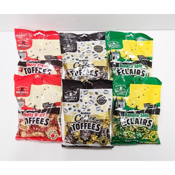 6 PKS WALKERS ASST TOFFEE - NUTTY BRAZIL - COFFEE & BANANA SPLIT ECLAIRS