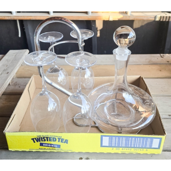 GLASS WINE DECANTER W/ METAL STAND & 4 GLASSES