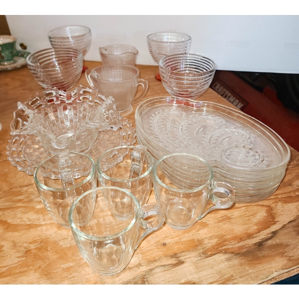VINTAGE CUT OUT CLEAR GLASS DISHES ETC.