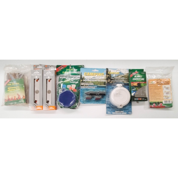 CAMPING SUPPLIES BOTTLE OPENERS EMER. BLANKET ETC.