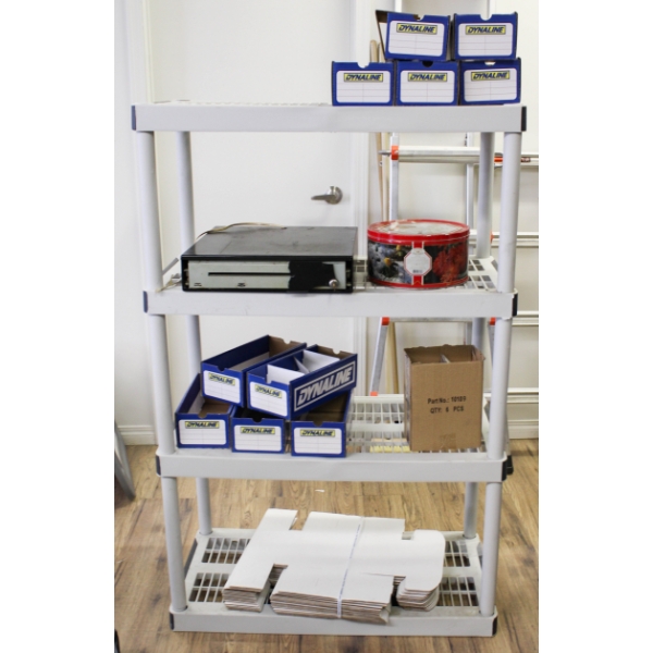 HEAVY DUTY PLASTIC 4 SHELVE 3FT X 4FT X 16-INCH-DEEP W/CONTENTS