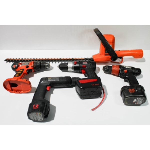 BLACK & DECKER HEDGE TRIMMER & ASST. CORDLESS DRILLS