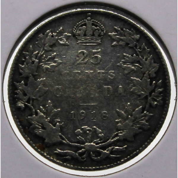 1918 CANADA SILVER 25 CENT COIN