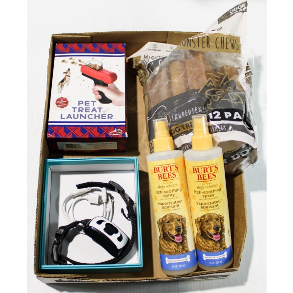 MISC. PET ITEMS;  ANTI-BARK COLLAR, PET TREAT LAUNCHER, BAG OF 12 MIGHTY PAW DOG TREATS & MORE