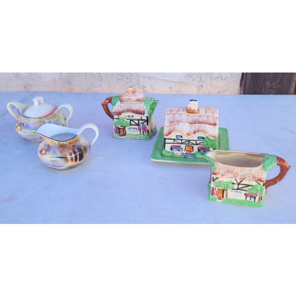 VINTAGE COTTAGE WARE SUGAR BOWL CREAMER & CHEESE DISH ETC.