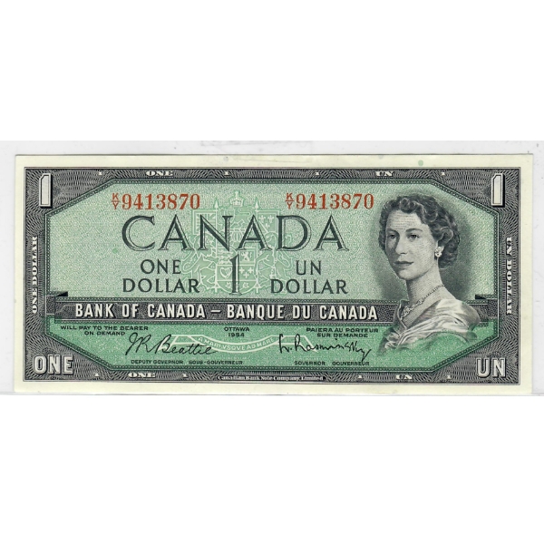 1954 AU MODIFIED HAIR CANADIAN $1 BANK NOTE