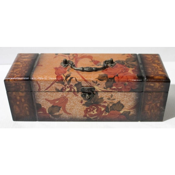 FLORAL WOODEN WINE BOX W/ CORKSCREW ETC.
