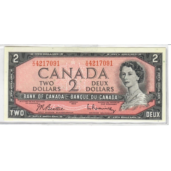1954 CRISP/UNC CANADIAN $2 DOLLAR BANKNOTE