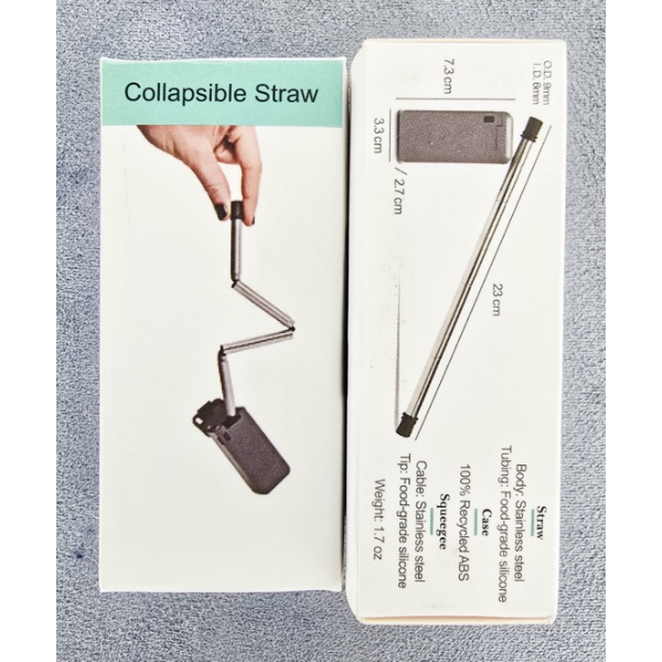 TWO NEW GREY STAINLESS STEEL COLLAPSIBLE STRAWS