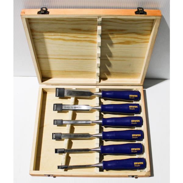 6 IRWIN MARPLES CHISELS W/ WOODEN CASE