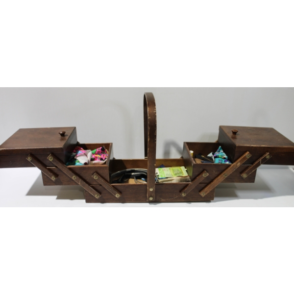 VINTAGE WOODEN SEWING BOX W/ CONTENTS
