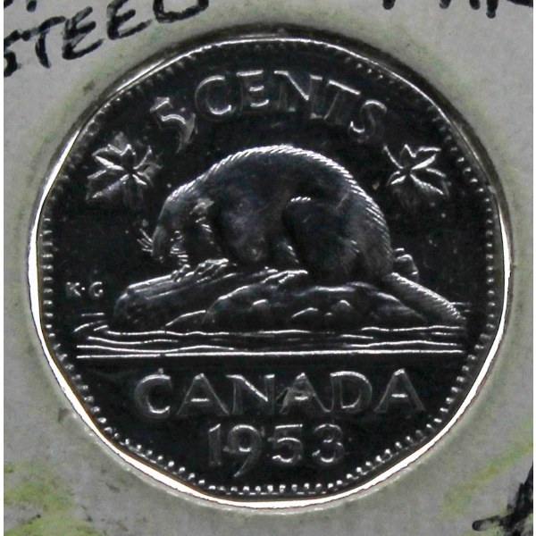 1953 MAPLE LEAF UNC. CANADIAN 5 CENT COIN