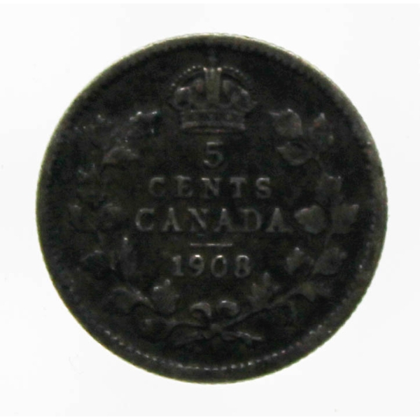 1908 KING EDWARD VII CANADA SILVER 5 CENT COIN