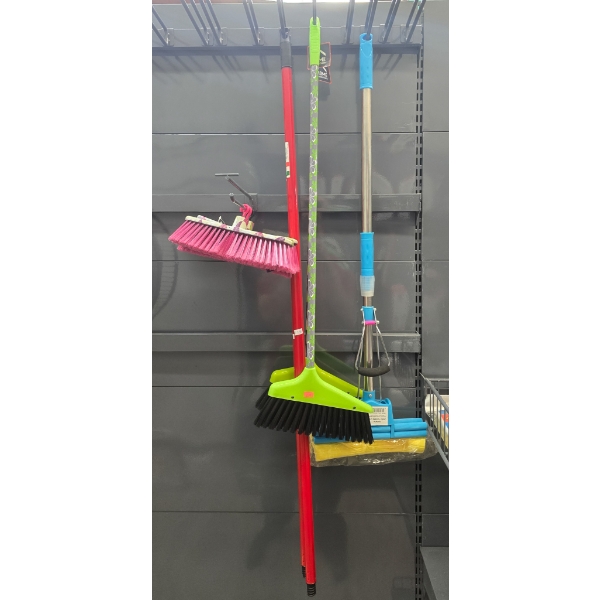 BROOMS, HANDLES, HEADS AND A MOP