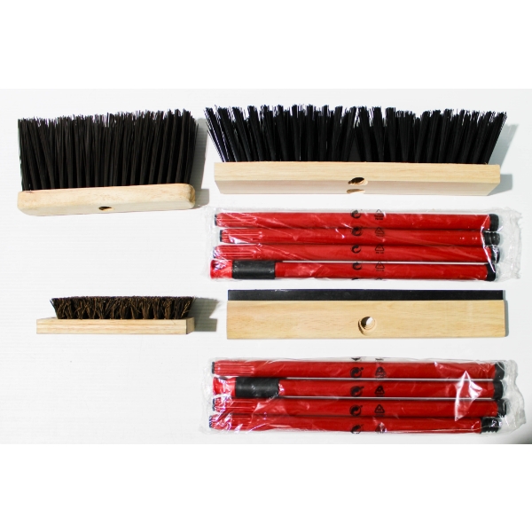 NEW BROOM HEADS & 2 NEW BROOM HANDLES ETC.