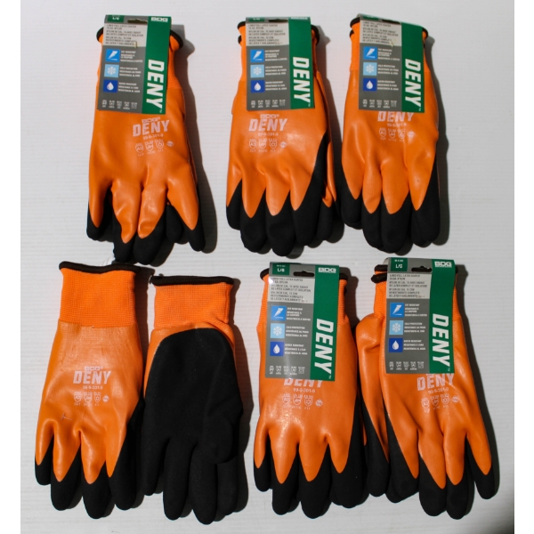 6PR NEW LINED FULL LATEX COATED 15GA DENY GLOVES - SIZE L