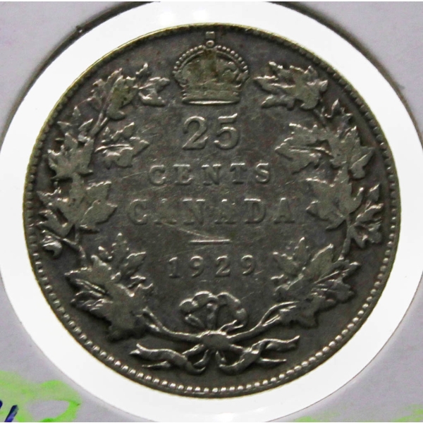 1929 KING GEORGE V CANADA SILVER 25 CENT COIN