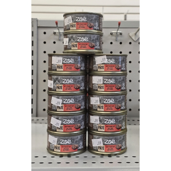 12 CANS ZOE DOG PATE W/ PRAIRIE BEEF 