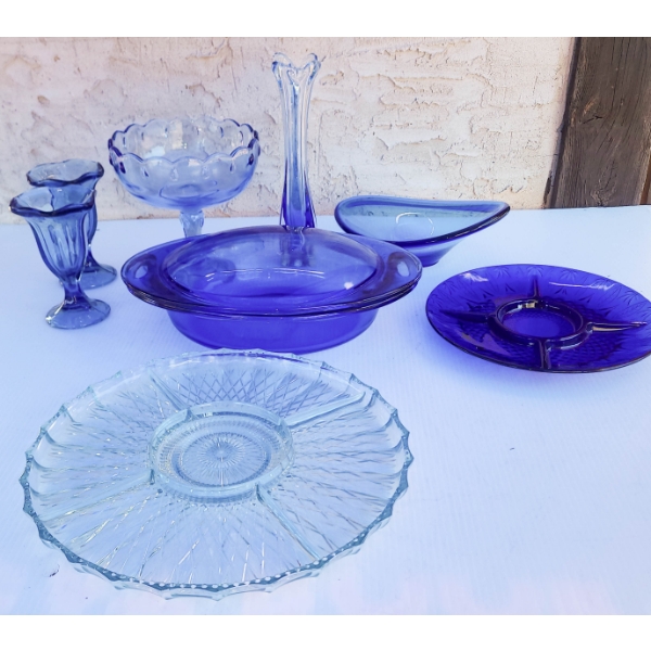 BLUE GLASS CASSEROLE W/ LID CONDIMENT TRAY ETC.