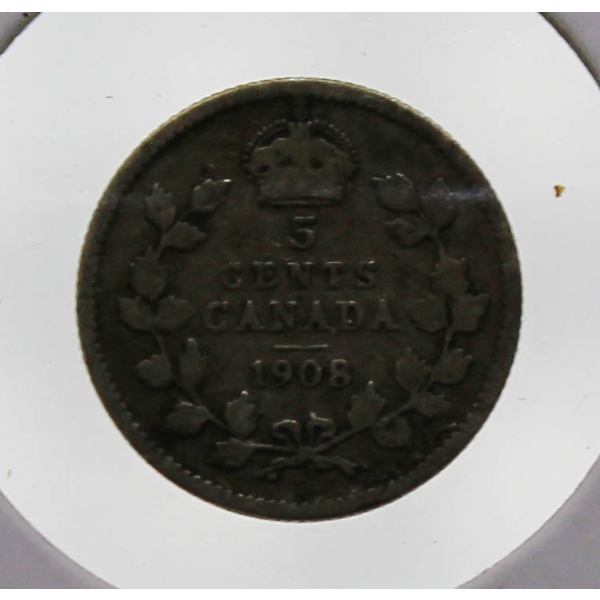 1908 CANADIAN SILVER 5 CENT COIN
