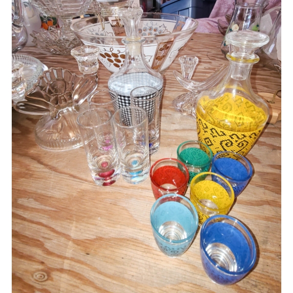 VINTAGE CANDLE HOLDERS - CHIP & DIP BOWL - DECANTER SETS