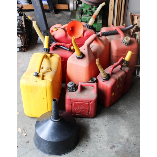 7 ASSORT. GAS & DIESEL CANS PLUS FUNNELS