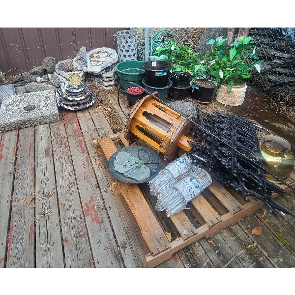 ASST. WATERFALL STONE, FOUNTAIN, PLANT POTS, CART ETC 