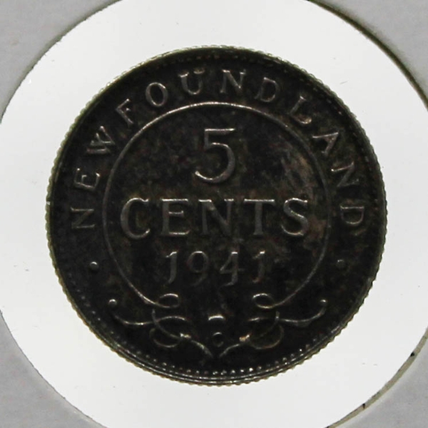 1941C AU. NEWFOUNDLAND SILVER 5 CENT COIN