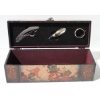 Image 2 : FLORAL WOODEN WINE BOX W/ CORKSCREW ETC.