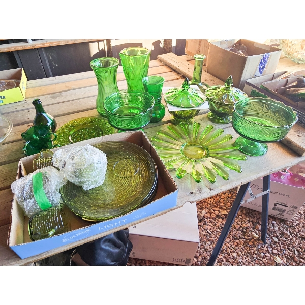 VINTAGE COLLECTION OF GREEN GLASS VASES, SERVING PLATES & MORE