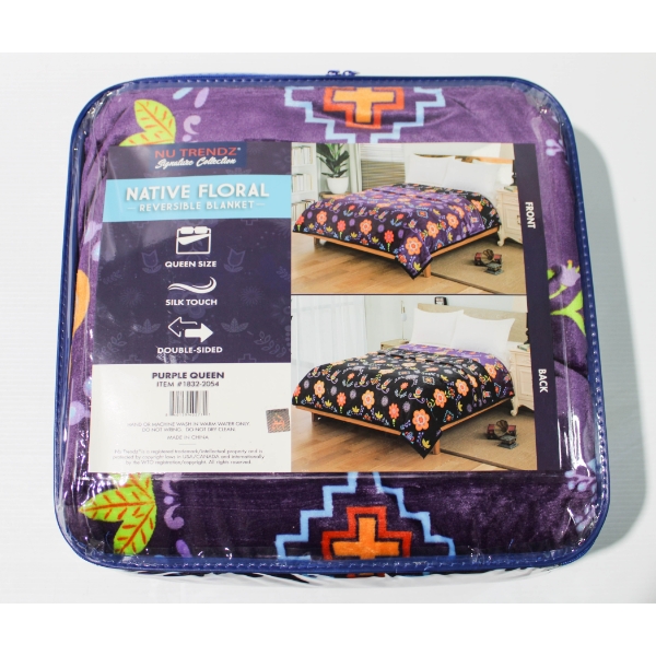 NEW NU TRENDZ NATIVE FLORAL REVERSIBLE BLANKET - PURPLE