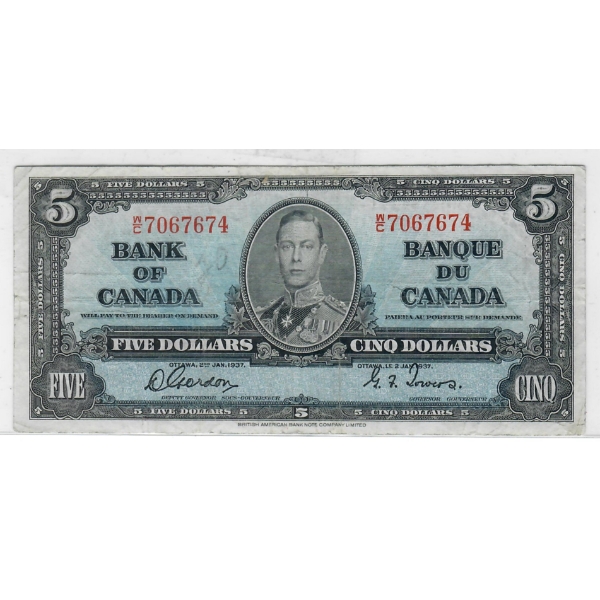 1937 CANADIAN $5 DOLLAR BANK NOTE