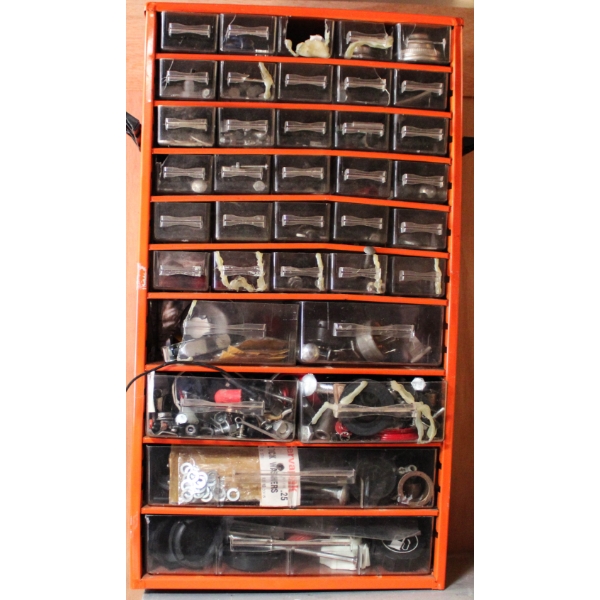 METAL PARTS BIN W/ BOLTS LAWN MOWER PARTS ETC.