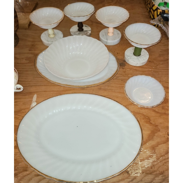 2 FIREKING ANCHOR HOCKINGCMILK GLASS PLATTERS ETC.