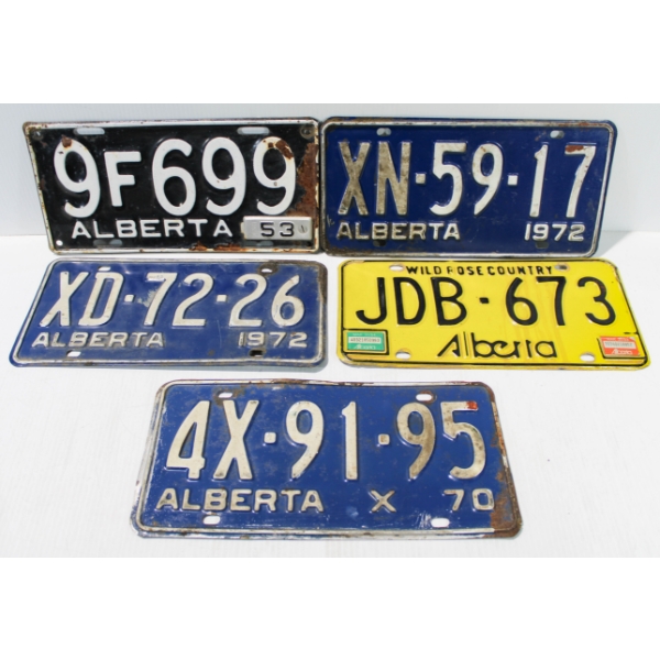 FIVE VINTAGE ALBERTA LICENSE PLATES