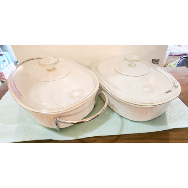 2 CORNING WARE FRENCH WHITE CASSEROLE DISHES W/ LIDS