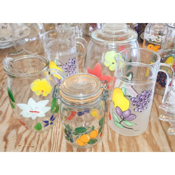 VINTAGE HAND PAINTED GLASS COOKIE JAR & PITCHER ETC.