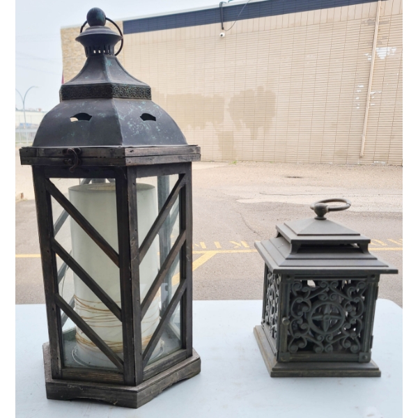 2 OUTDOOR METAL & WOOD HANGING LANTERNS