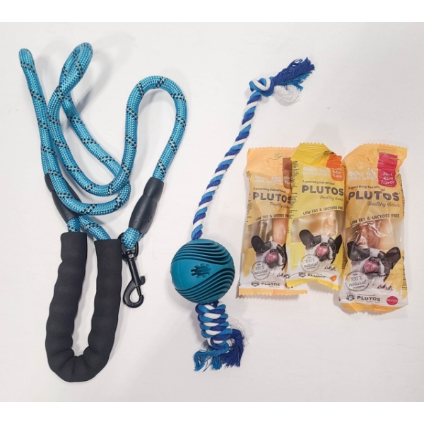 NEW SOFT HANDLED BLUE DOG LEASH W/ TOY & SM CHEWS