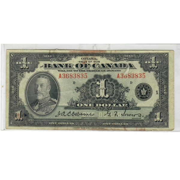 1935 BANK OF CANADA $1 DOLLAR BANKNOTE